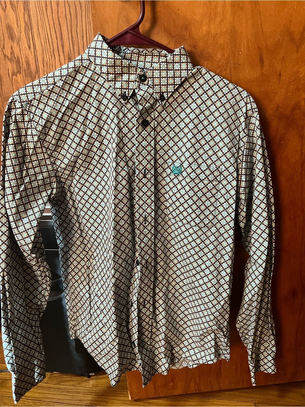 Cinch Cream and Brown Geometric Button-Down Shirt with Teal Logo